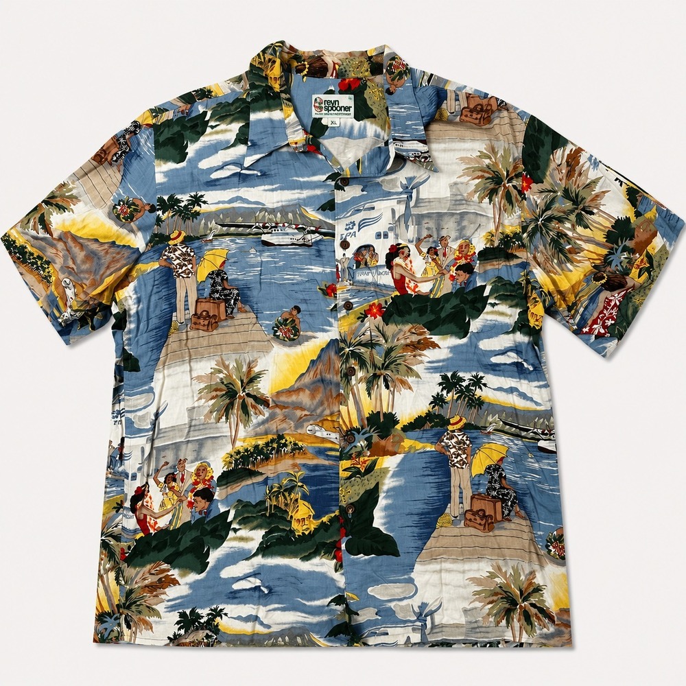 Reyn Spooner Hawaiian Traditions Aloha Shirt Mens XXL Blue Rayon Scenic Hawaii